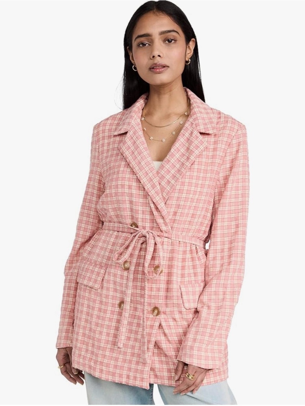 Free people Olivia gingham Plaid Tie Belt Double Breasted blazer Pink Small